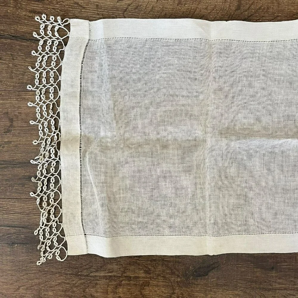 Vintage Linen Table Runner Beige Crochet Edge 53